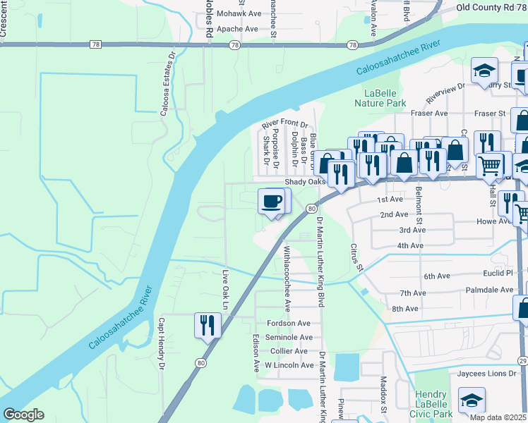 map of restaurants, bars, coffee shops, grocery stores, and more near 672 Live Oak Lane in LaBelle