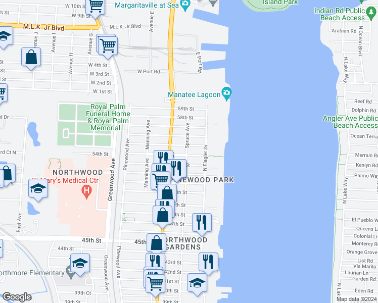 map of restaurants, bars, coffee shops, grocery stores, and more near 424 55th Street in West Palm Beach