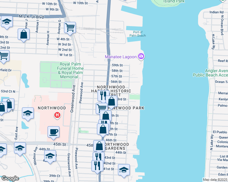 map of restaurants, bars, coffee shops, grocery stores, and more near 524 55th Street in West Palm Beach