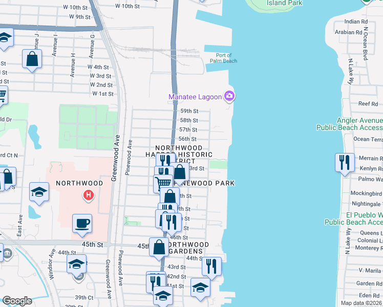 map of restaurants, bars, coffee shops, grocery stores, and more near 433 54th Street in West Palm Beach