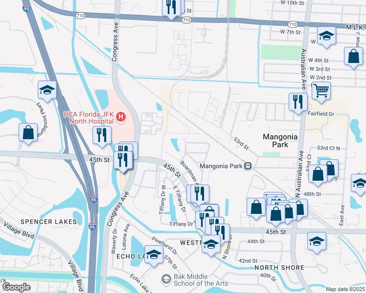 map of restaurants, bars, coffee shops, grocery stores, and more near 5401 Lakeshore Drive in West Palm Beach