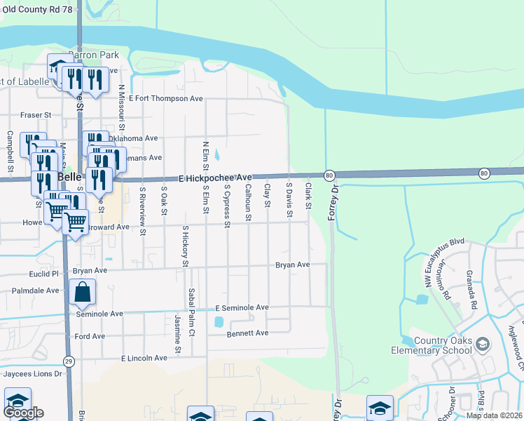 map of restaurants, bars, coffee shops, grocery stores, and more near 126 Clay Street in LaBelle
