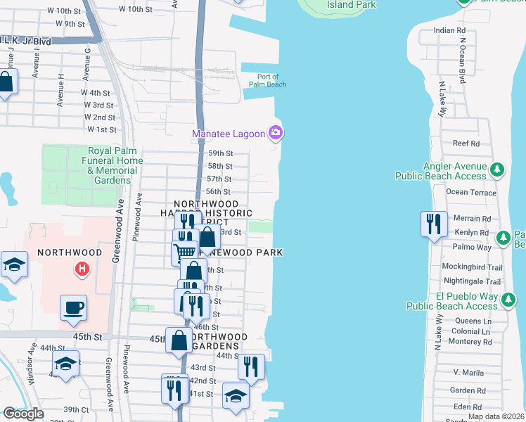 map of restaurants, bars, coffee shops, grocery stores, and more near 5600 North Flagler Drive in West Palm Beach