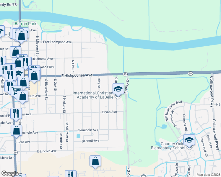map of restaurants, bars, coffee shops, grocery stores, and more near 139 South Davis Street in LaBelle