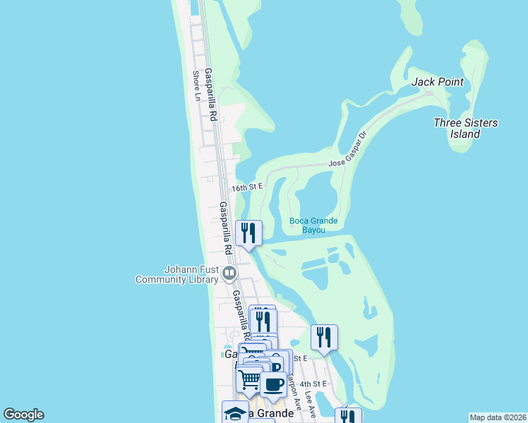 map of restaurants, bars, coffee shops, grocery stores, and more near 1620 Gaspar Drive South in Boca Grande