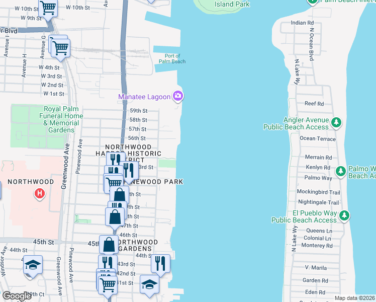 map of restaurants, bars, coffee shops, grocery stores, and more near 5600 Dixie Highway in West Palm Beach