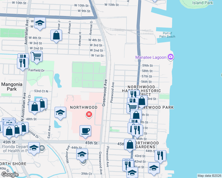 map of restaurants, bars, coffee shops, grocery stores, and more near 5507 Pinewood Avenue in West Palm Beach