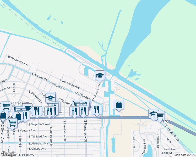 map of restaurants, bars, coffee shops, grocery stores, and more near 901 North Francisco Street in Clewiston