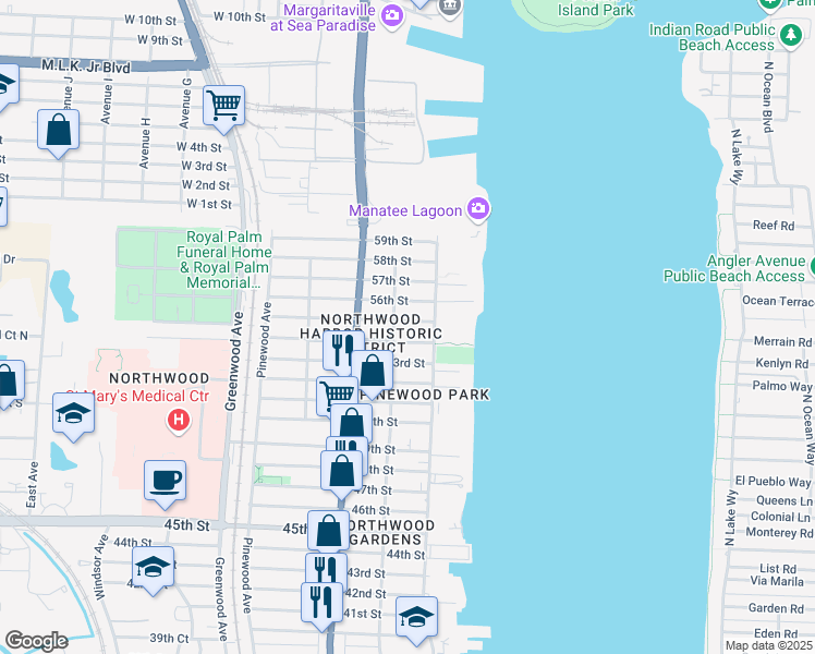 map of restaurants, bars, coffee shops, grocery stores, and more near 424 55th Street in West Palm Beach