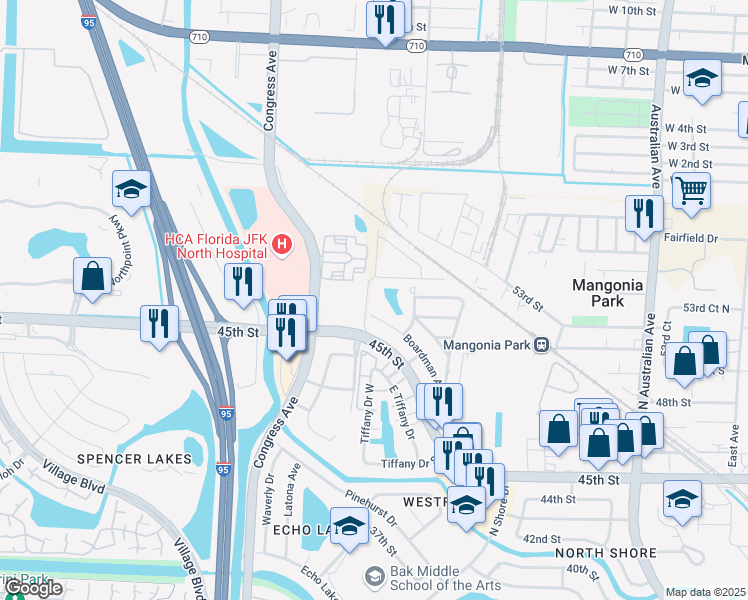 map of restaurants, bars, coffee shops, grocery stores, and more near 5450 West Place in West Palm Beach