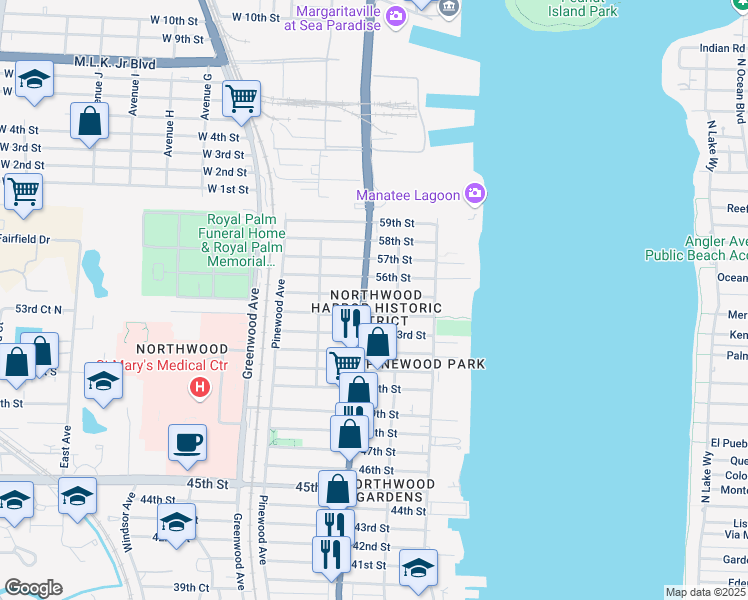 map of restaurants, bars, coffee shops, grocery stores, and more near 524 55th Street in West Palm Beach