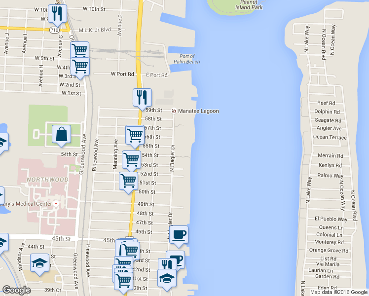 map of restaurants, bars, coffee shops, grocery stores, and more near 5500-5598 North Flagler Drive in West Palm Beach
