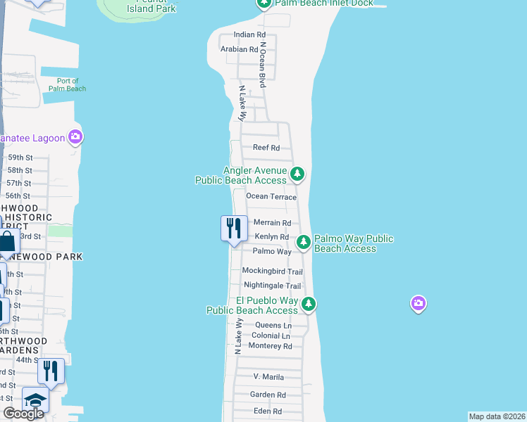 map of restaurants, bars, coffee shops, grocery stores, and more near 235 Merrain Road in Palm Beach