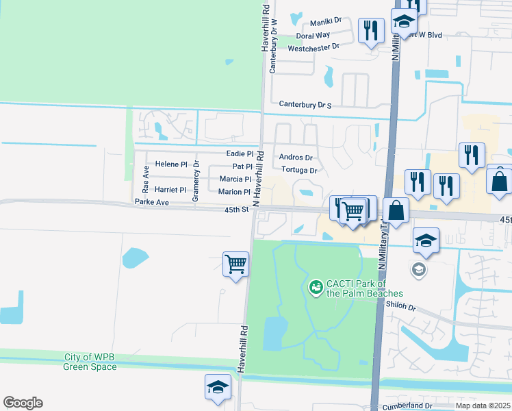 map of restaurants, bars, coffee shops, grocery stores, and more near 45th St & Haverhill Rd N in West Palm Beach
