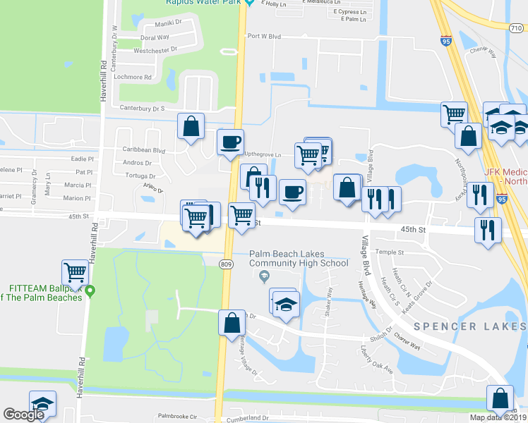 map of restaurants, bars, coffee shops, grocery stores, and more near 4385 45th Street in West Palm Beach
