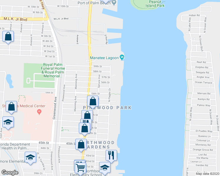 map of restaurants, bars, coffee shops, grocery stores, and more near 5598 North Flagler Drive in West Palm Beach