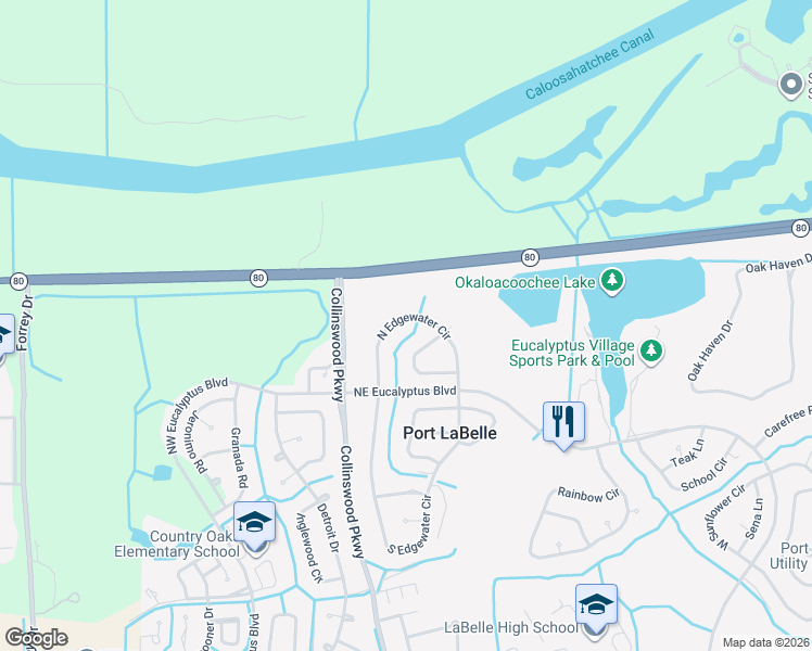 map of restaurants, bars, coffee shops, grocery stores, and more near 4022 North Edgewater Circle in LaBelle