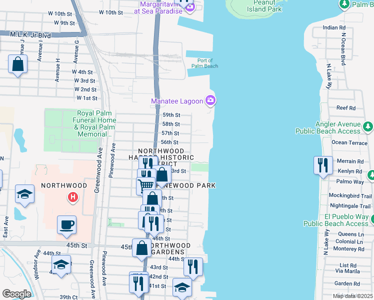 map of restaurants, bars, coffee shops, grocery stores, and more near in West Palm Beach
