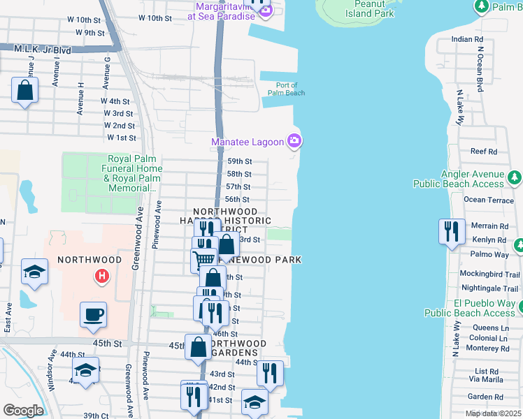 map of restaurants, bars, coffee shops, grocery stores, and more near in West Palm Beach