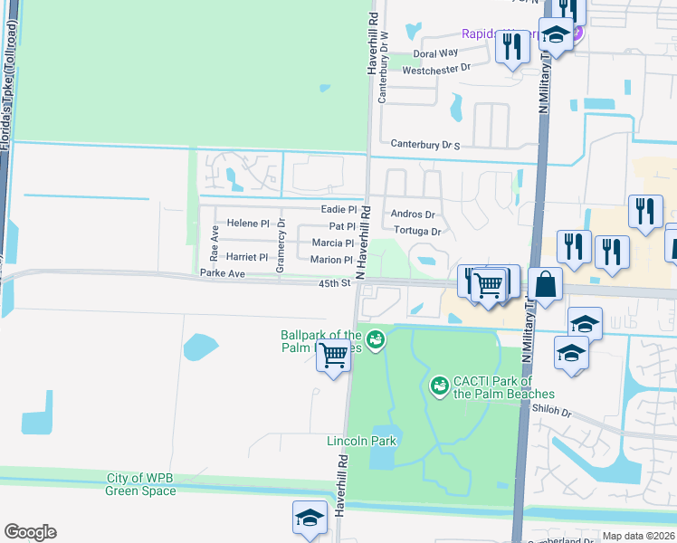 map of restaurants, bars, coffee shops, grocery stores, and more near 5081 45th Street in West Palm Beach