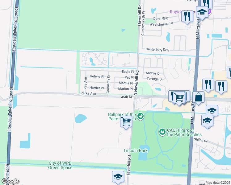 map of restaurants, bars, coffee shops, grocery stores, and more near 5197 45th Street in West Palm Beach