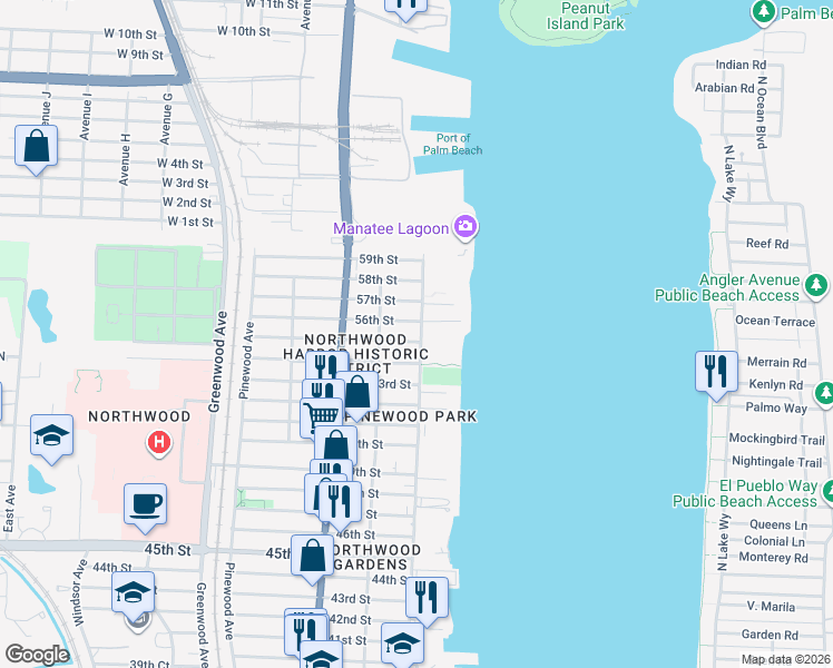 map of restaurants, bars, coffee shops, grocery stores, and more near in West Palm Beach