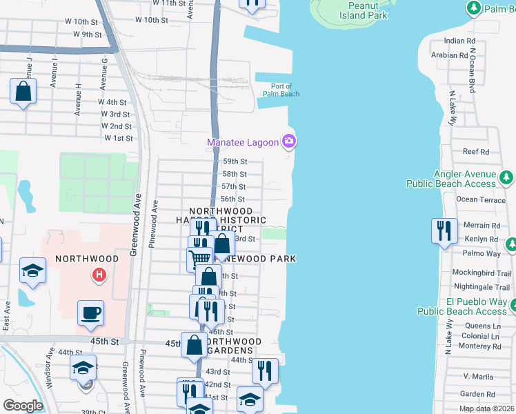 map of restaurants, bars, coffee shops, grocery stores, and more near in West Palm Beach