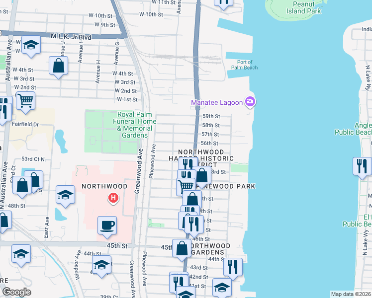 map of restaurants, bars, coffee shops, grocery stores, and more near 626 55th Street in West Palm Beach