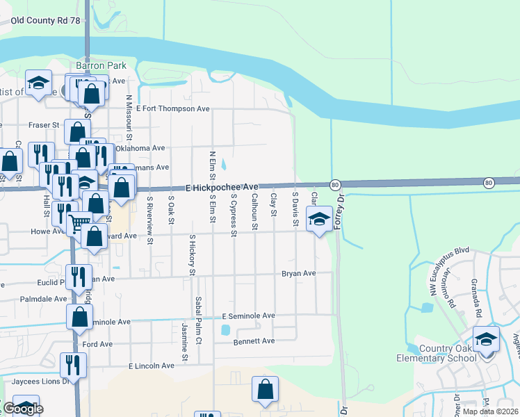 map of restaurants, bars, coffee shops, grocery stores, and more near 126 Clay Street in LaBelle