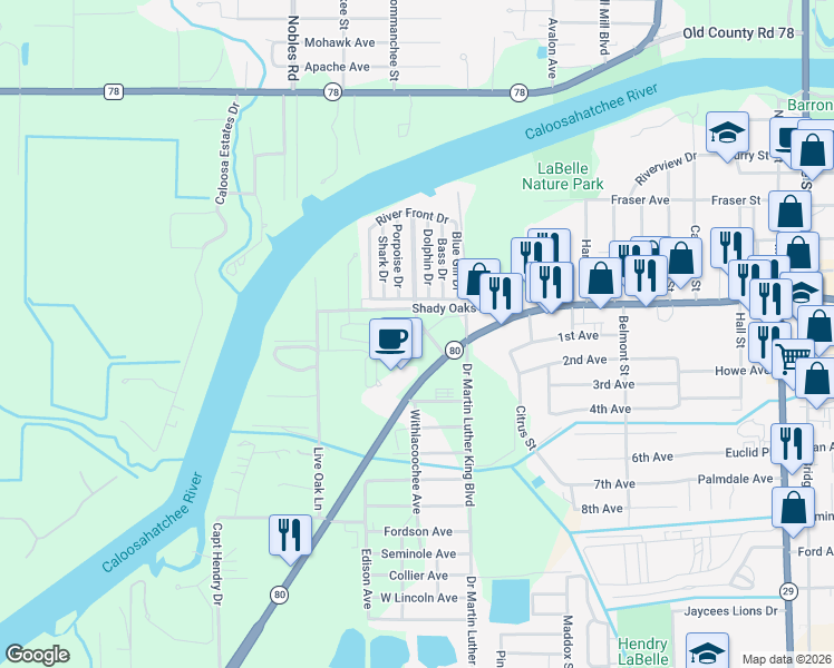 map of restaurants, bars, coffee shops, grocery stores, and more near 870 West Hickpochee Avenue in LaBelle