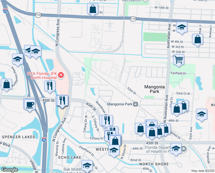 map of restaurants, bars, coffee shops, grocery stores, and more near 1604 Sherwood Avenue in West Palm Beach