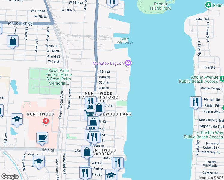 map of restaurants, bars, coffee shops, grocery stores, and more near 424 55th Street in West Palm Beach