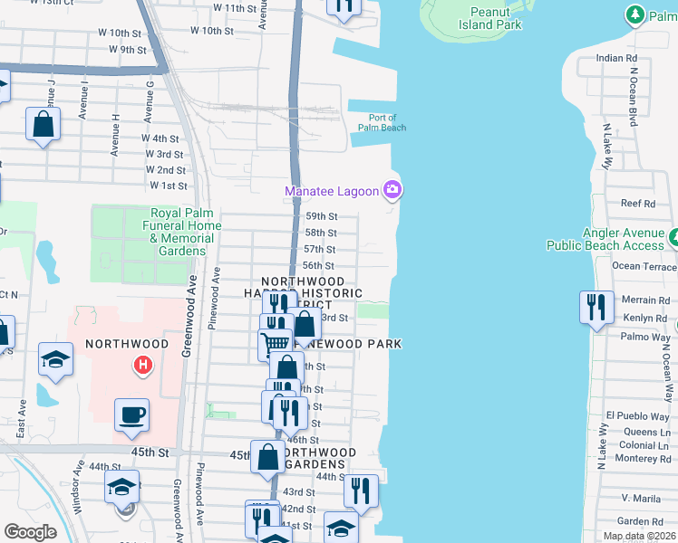 map of restaurants, bars, coffee shops, grocery stores, and more near 424 55th Street in West Palm Beach