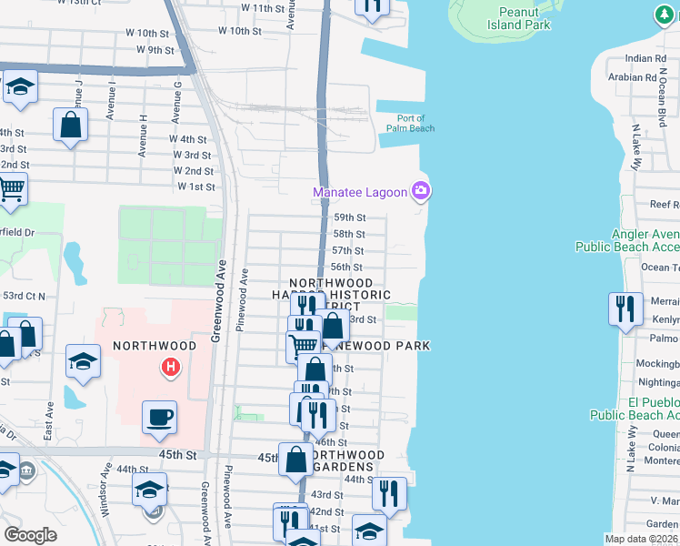 map of restaurants, bars, coffee shops, grocery stores, and more near 524 55th Street in West Palm Beach