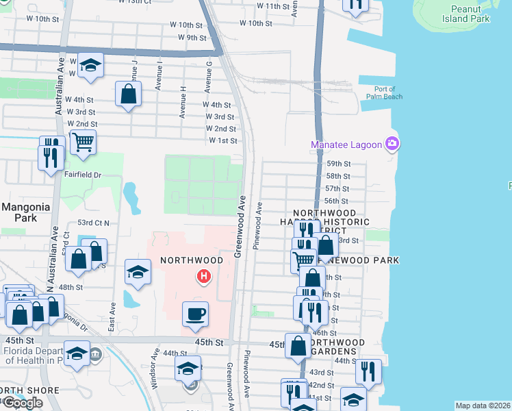 map of restaurants, bars, coffee shops, grocery stores, and more near 5507 Pinewood Avenue in West Palm Beach