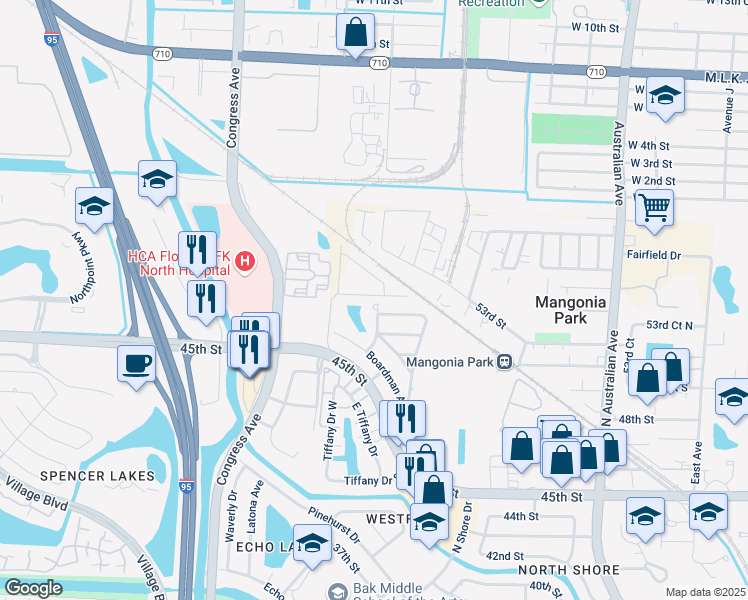 map of restaurants, bars, coffee shops, grocery stores, and more near 5401 Lakeshore Drive in West Palm Beach