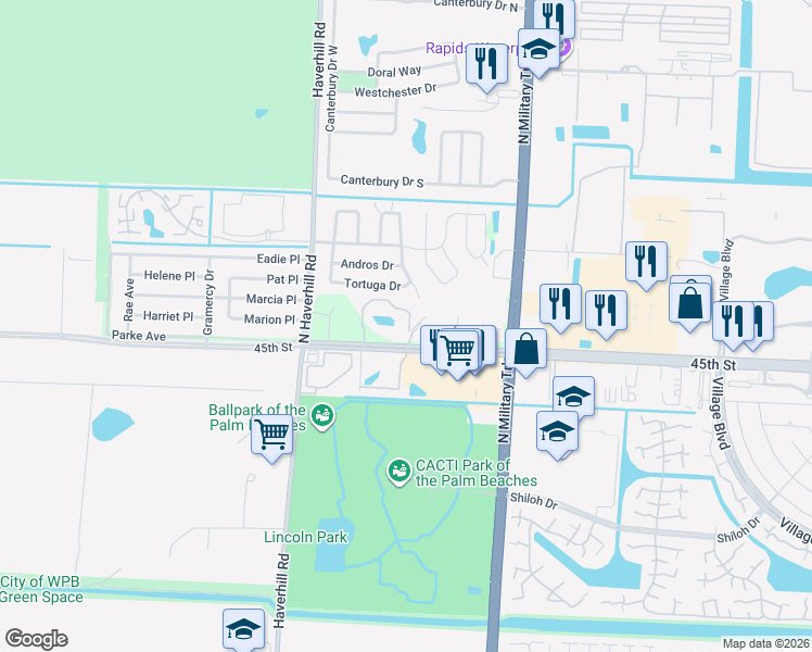 map of restaurants, bars, coffee shops, grocery stores, and more near 4735 45th Street in West Palm Beach
