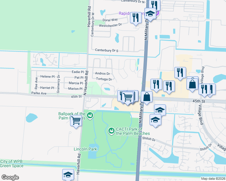map of restaurants, bars, coffee shops, grocery stores, and more near 4735 45th Street in West Palm Beach