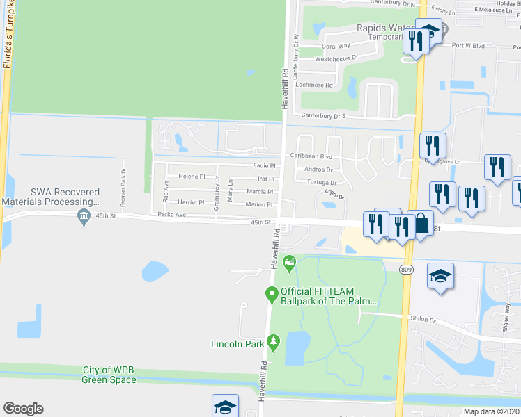 map of restaurants, bars, coffee shops, grocery stores, and more near 5081 45th Street in West Palm Beach