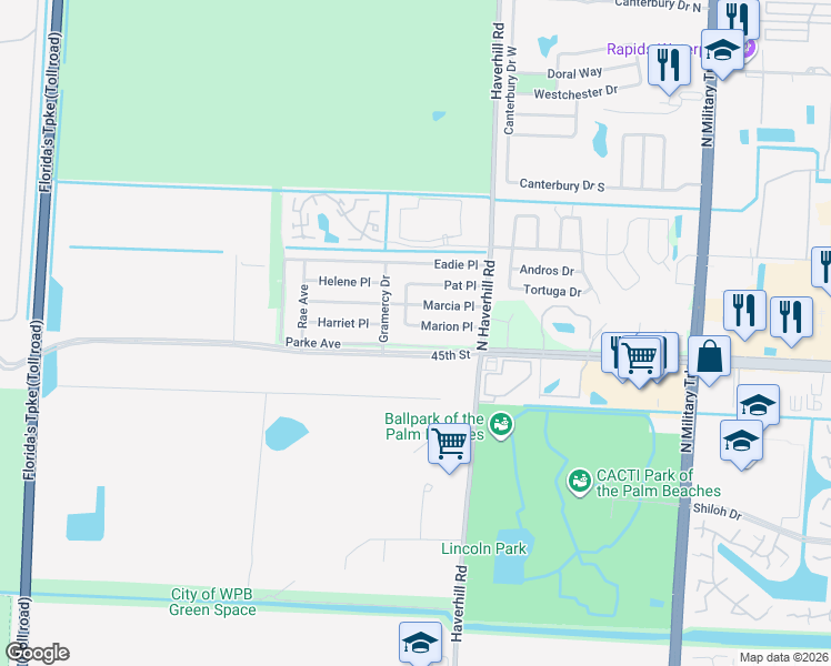 map of restaurants, bars, coffee shops, grocery stores, and more near 5197 45th Street in West Palm Beach