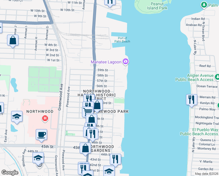 map of restaurants, bars, coffee shops, grocery stores, and more near 424 55th Street in West Palm Beach