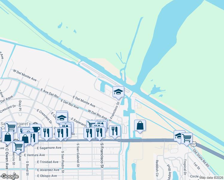 map of restaurants, bars, coffee shops, grocery stores, and more near 901 North Francisco Street in Clewiston