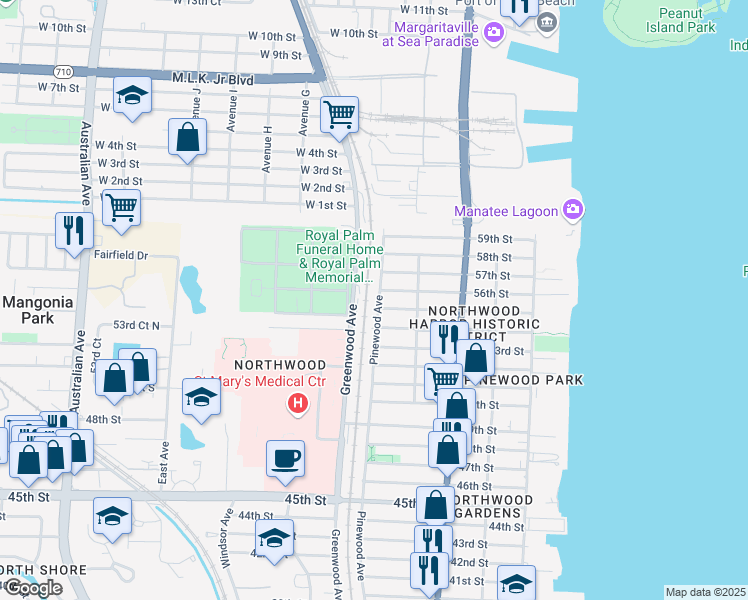 map of restaurants, bars, coffee shops, grocery stores, and more near 5605 Pinewood Avenue in West Palm Beach