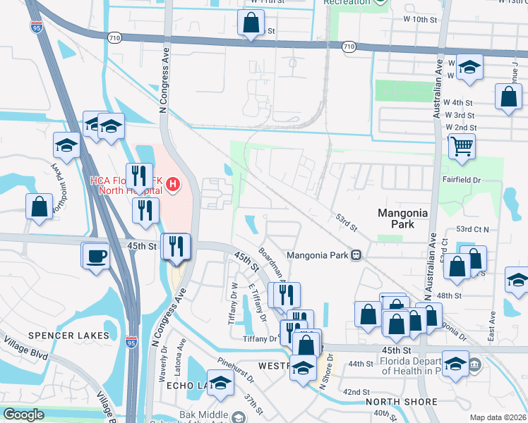 map of restaurants, bars, coffee shops, grocery stores, and more near 5401 Lakeshore Drive in West Palm Beach
