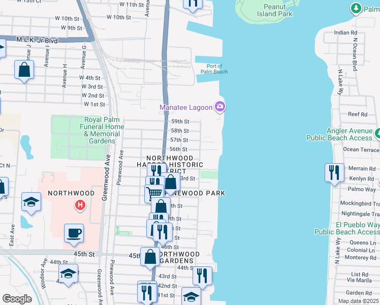 map of restaurants, bars, coffee shops, grocery stores, and more near 424 55th Street in West Palm Beach