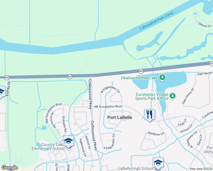 map of restaurants, bars, coffee shops, grocery stores, and more near 4022 North Edgewater Circle in LaBelle