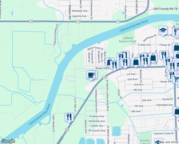 map of restaurants, bars, coffee shops, grocery stores, and more near 930 Aqua Isles Boulevard in LaBelle