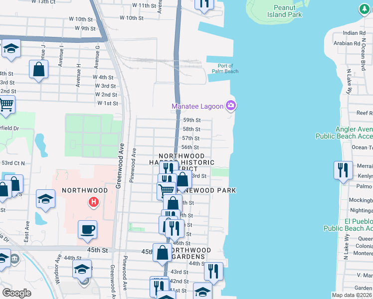 map of restaurants, bars, coffee shops, grocery stores, and more near 5706 Broadway Avenue in West Palm Beach