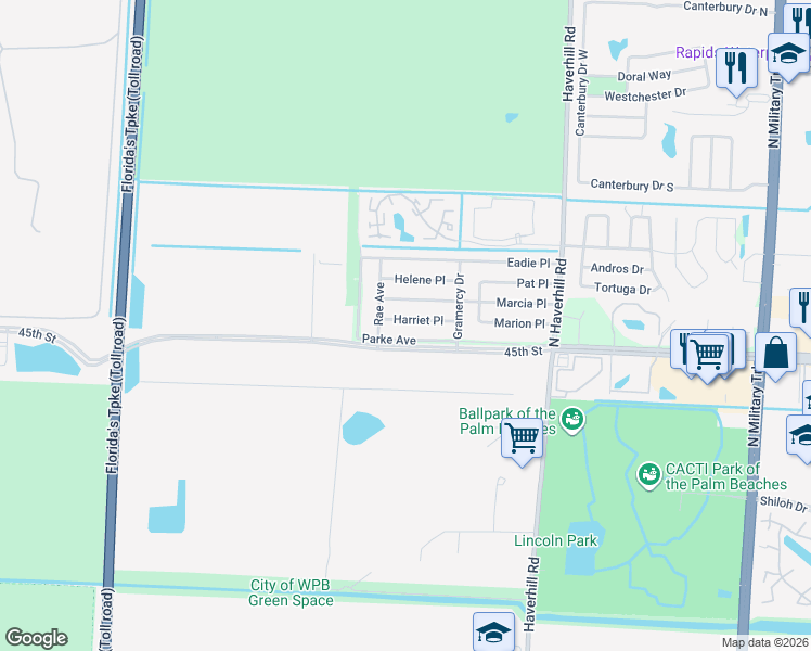 map of restaurants, bars, coffee shops, grocery stores, and more near 5388 Harriet Place in West Palm Beach