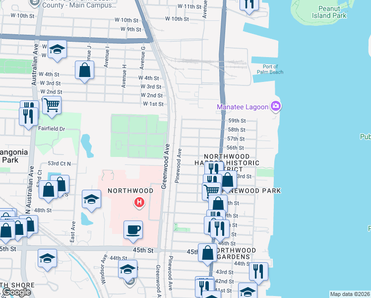 map of restaurants, bars, coffee shops, grocery stores, and more near 726 56th Street in West Palm Beach